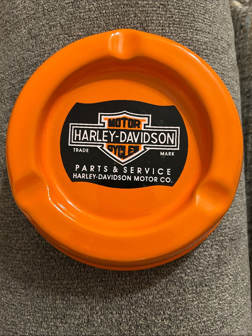 Rare Harley-Davidson Orange Metal Cigar Ashtray with Parts & Service Logo